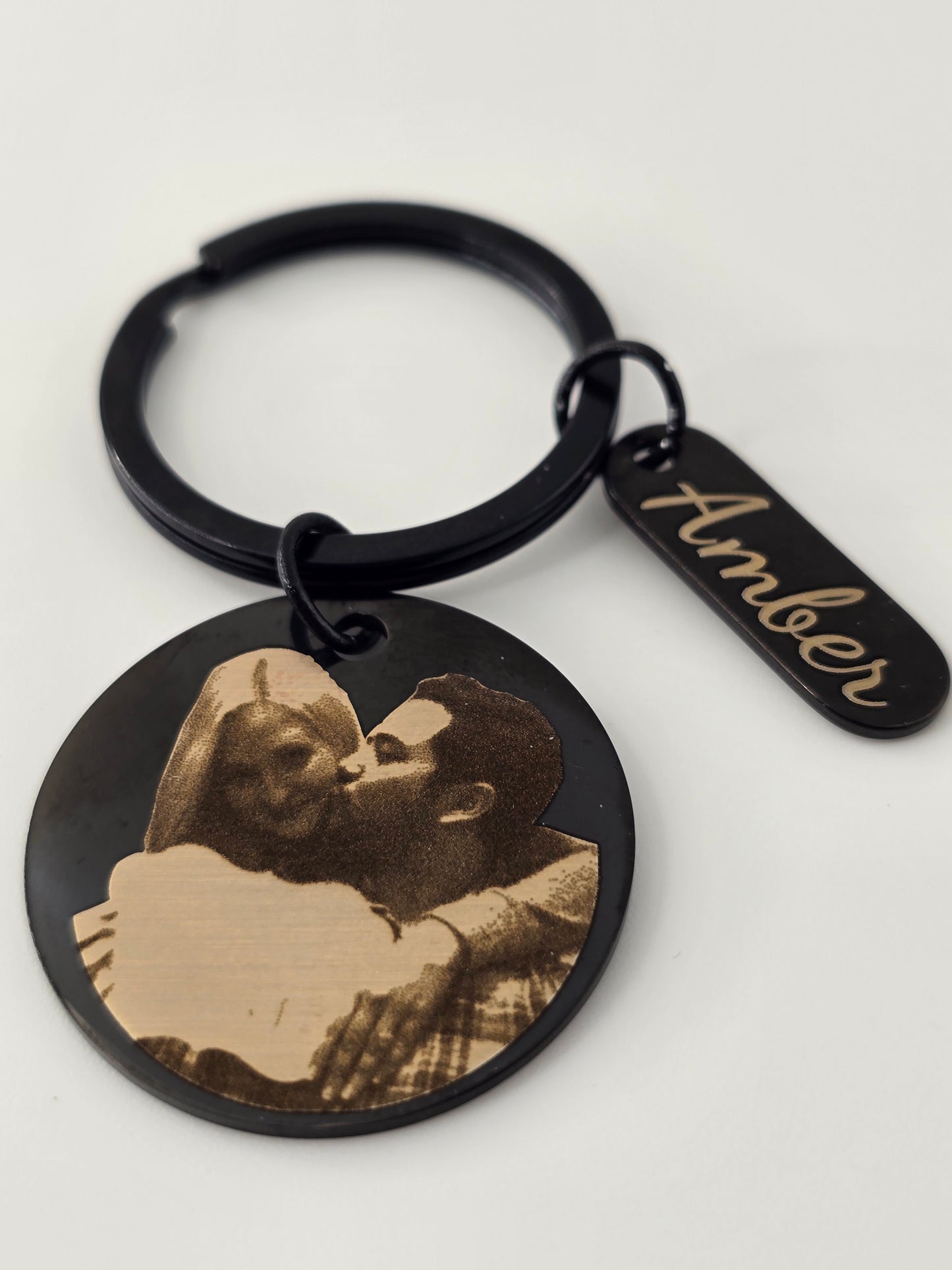 Personalized Photo Engraved Black Stainless Steel Keychain - Custom Portrait Engraved Keyring