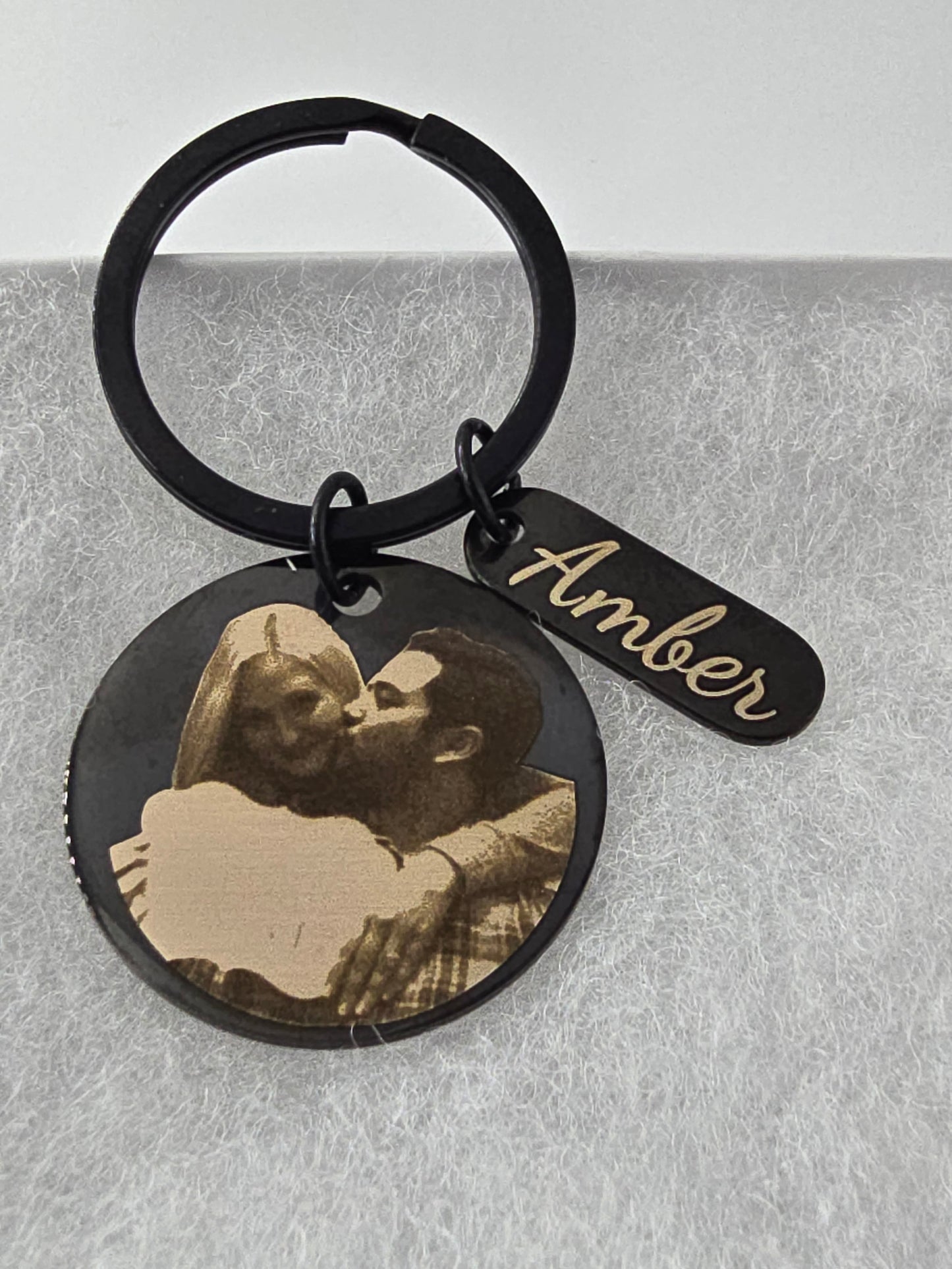 Personalized Photo Engraved Black Stainless Steel Keychain - Custom Portrait Engraved Keyring