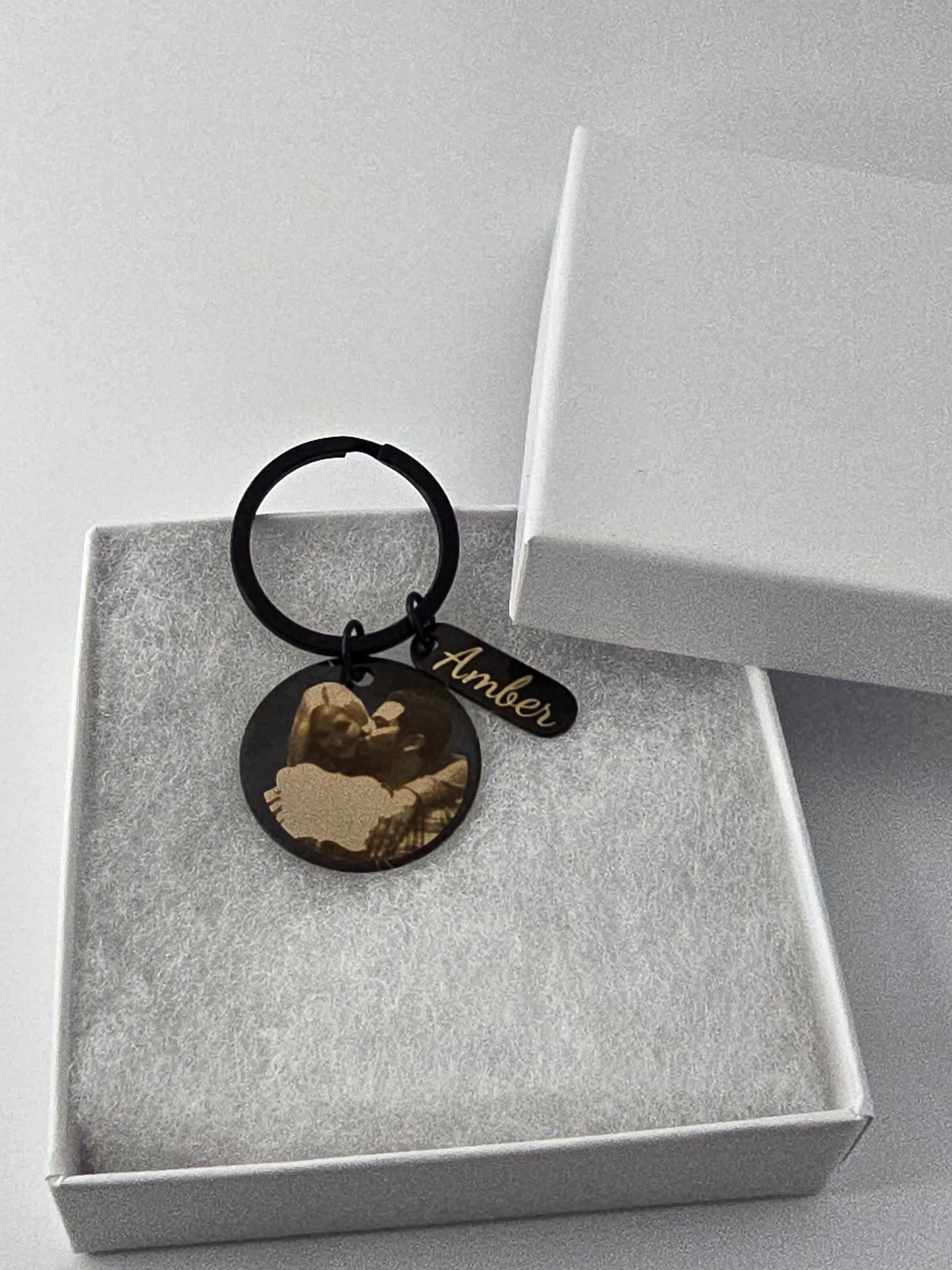 Personalized Photo Engraved Black Stainless Steel Keychain - Custom Portrait Engraved Keyring