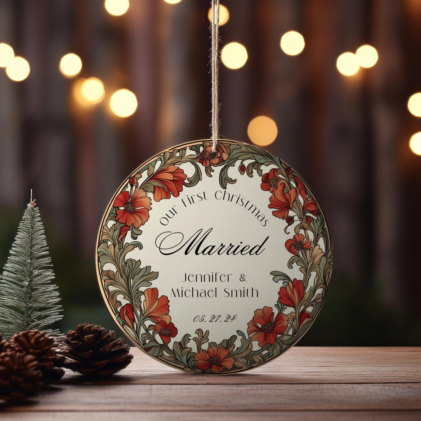 Our First Christmas Married Ornament, Christmas Couple Ornament, Our First Christmas Engaged Ornament, Wedding Ornament, Floral Wreath