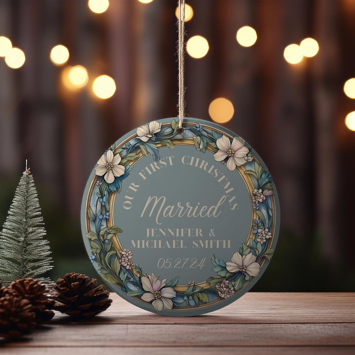 Our First Christmas Married Ornament, Christmas Couple Ornament, Our First Christmas Engaged Ornament, Wedding Ornament, Blue Wreath