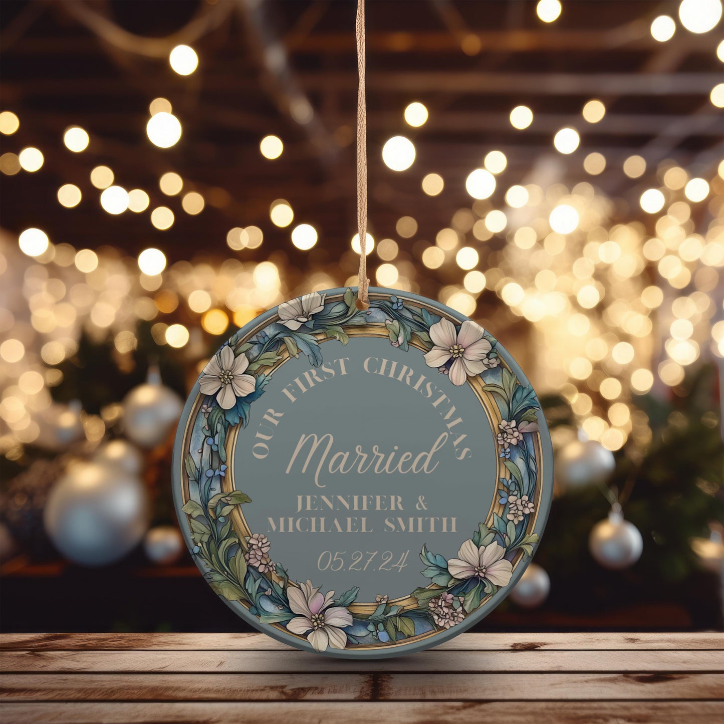 Our First Christmas Married Ornament, Christmas Couple Ornament, Our First Christmas Engaged Ornament, Wedding Ornament, Blue Wreath