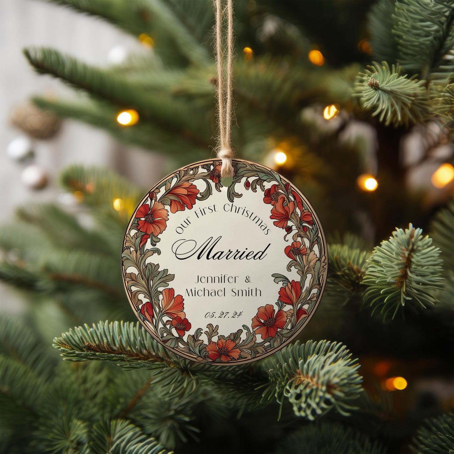 Our First Christmas Married Ornament, Christmas Couple Ornament, Our First Christmas Engaged Ornament, Wedding Ornament, Floral Wreath