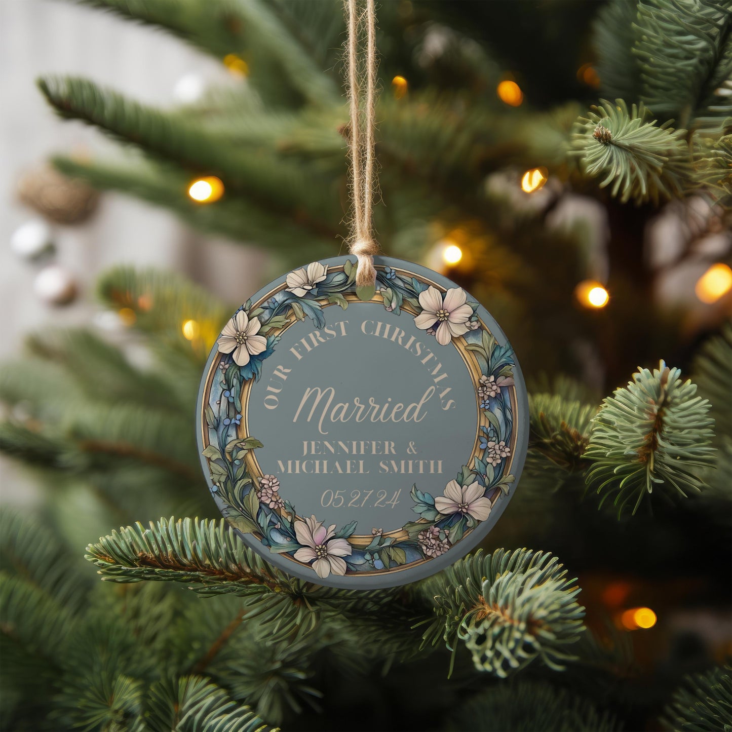 Our First Christmas Married Ornament, Christmas Couple Ornament, Our First Christmas Engaged Ornament, Wedding Ornament, Blue Wreath