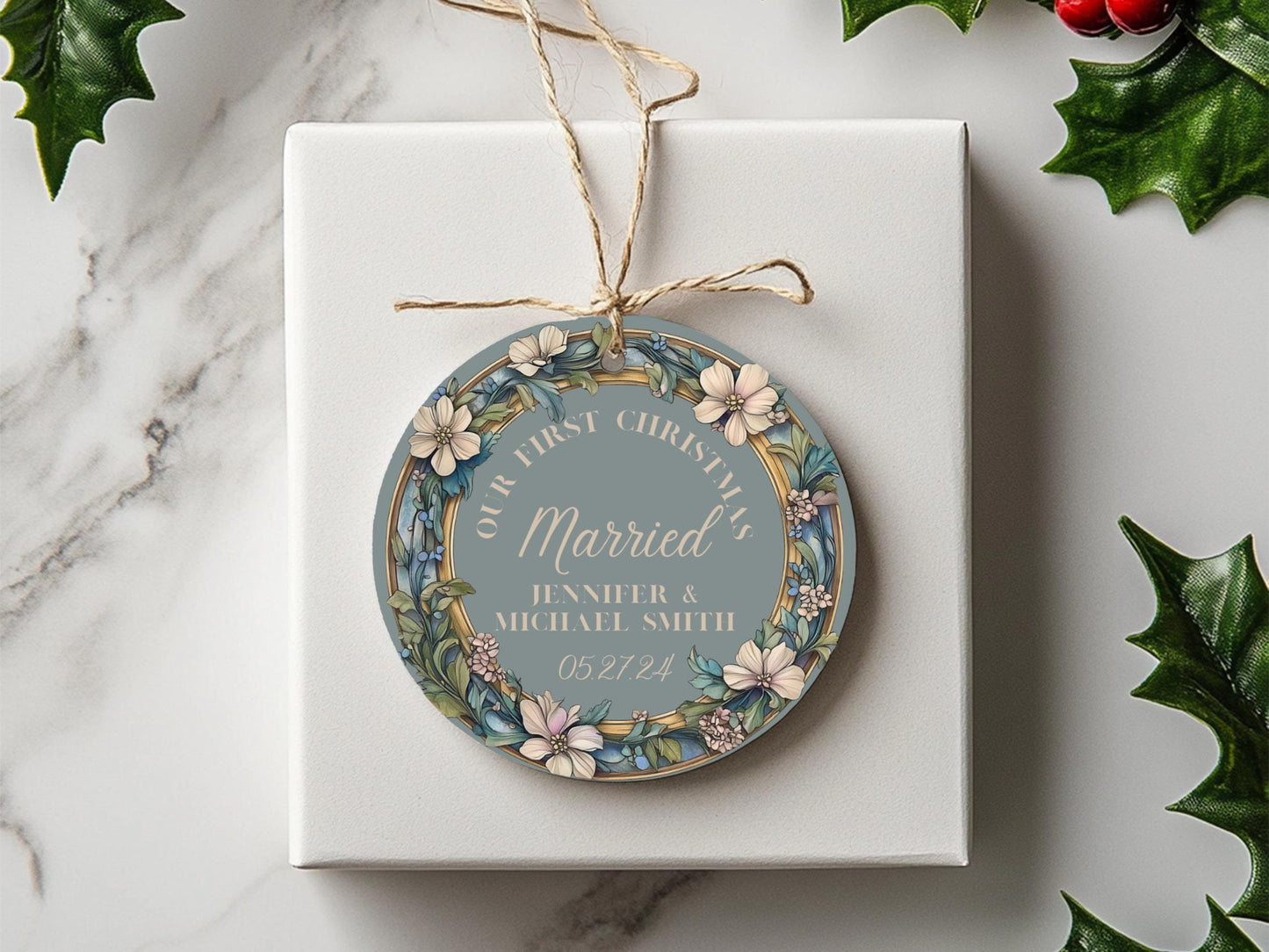Our First Christmas Married Ornament, Christmas Couple Ornament, Our First Christmas Engaged Ornament, Wedding Ornament, Blue Wreath