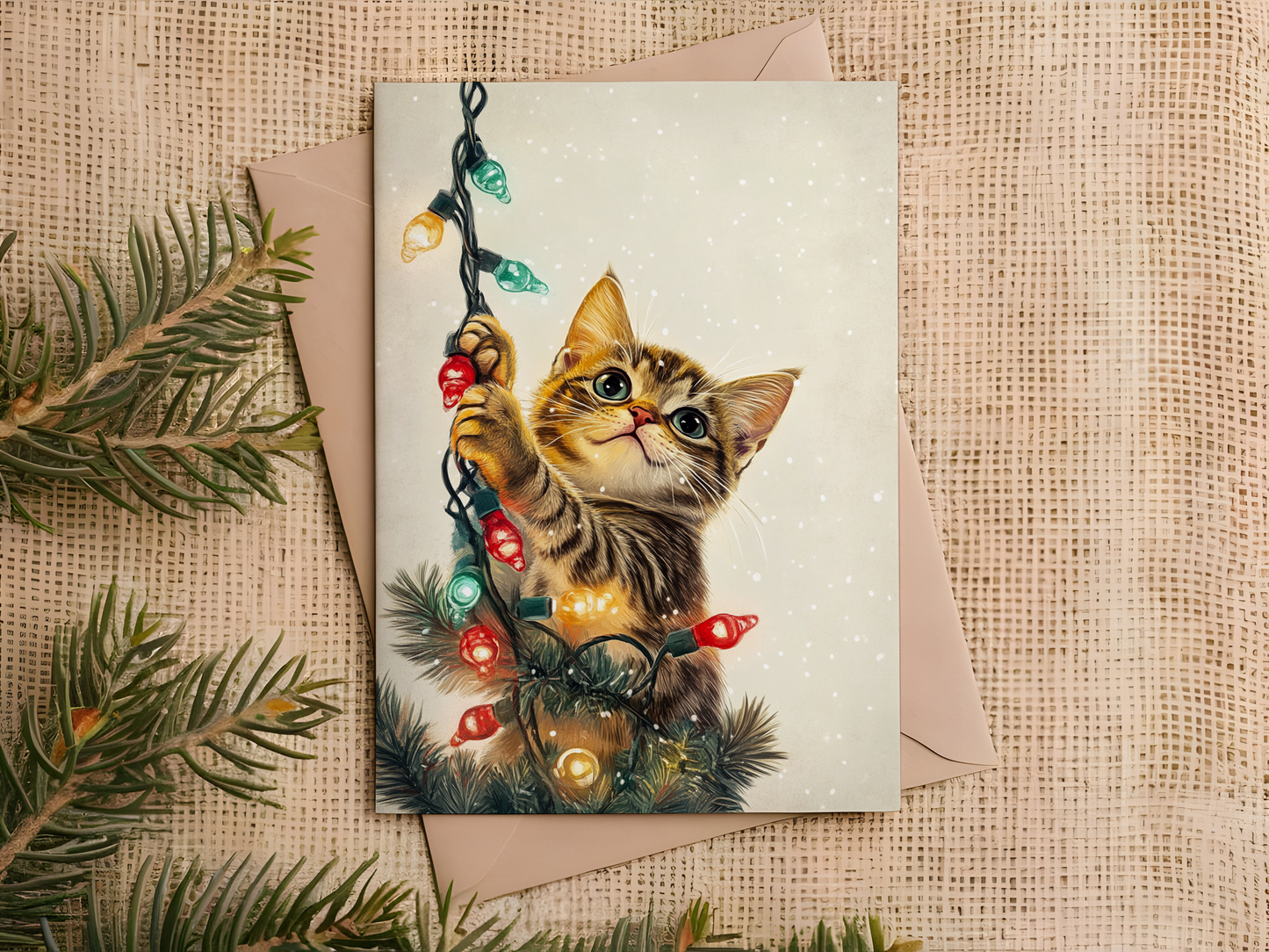 Cat in the Christmas Lights Card