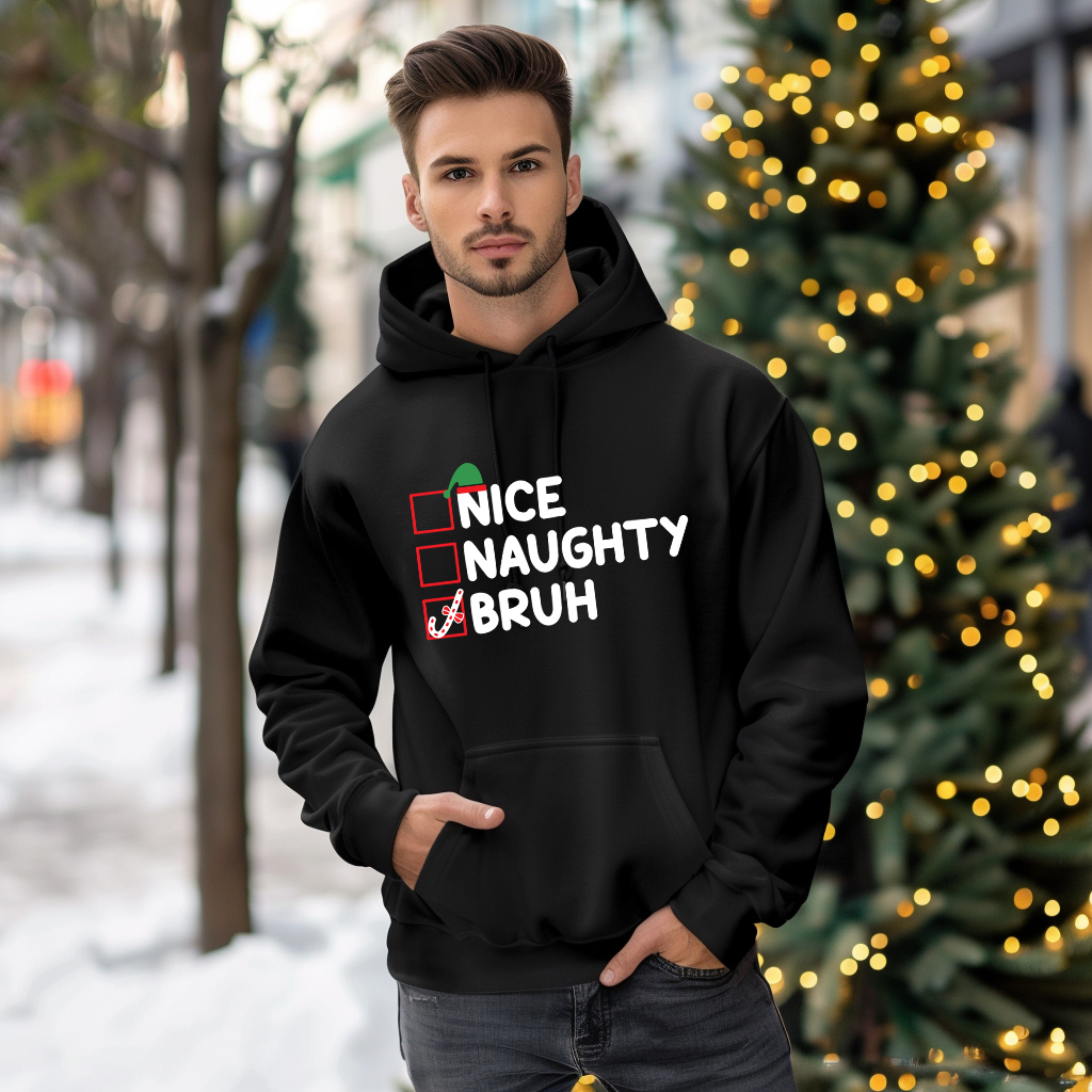 Naughty, Nice, Bruh Black Holiday Hoodie