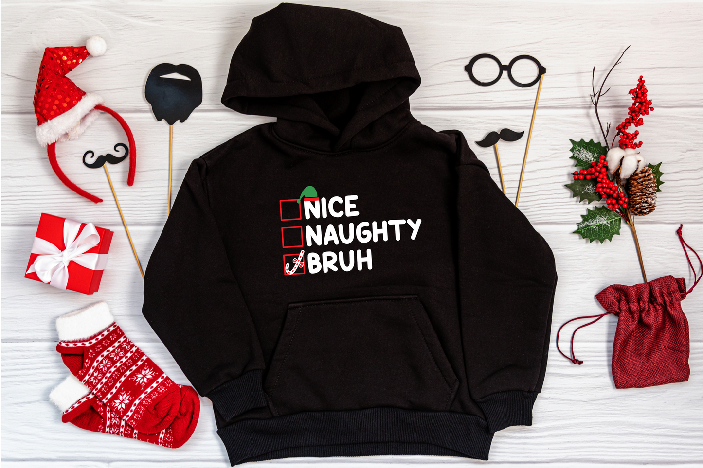 Naughty, Nice, Bruh Black Holiday Hoodie