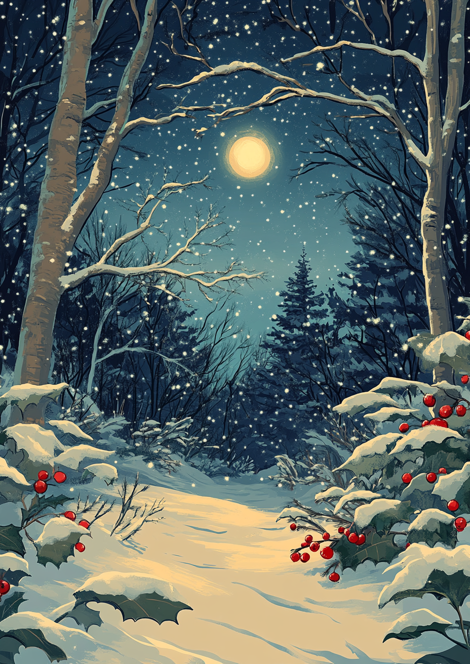 Silent Night Winter Full Moon Holiday Card