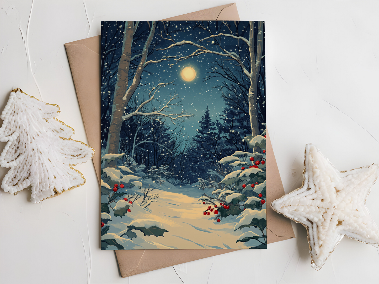 Silent Night Winter Full Moon Holiday Card