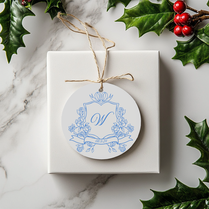 Blue Crest Monogrammed Christmas Couple Ornament