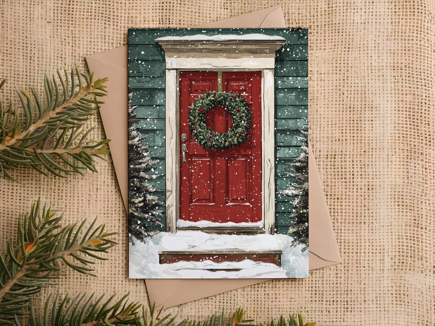 Christmas Wreath on a Red Door Holiday Card