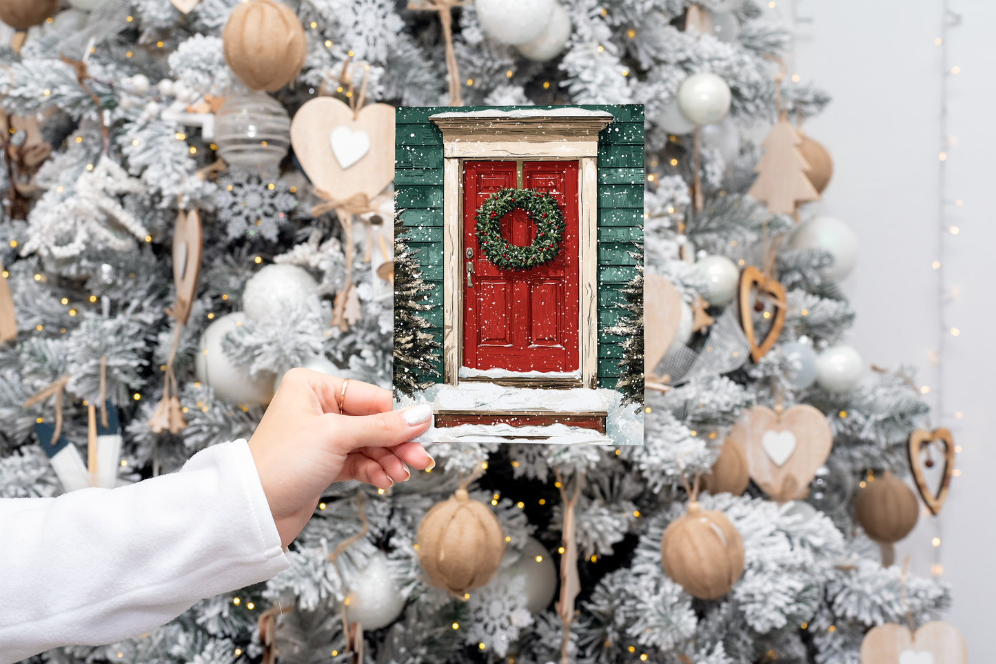 Christmas Wreath on a Red Door Holiday Card