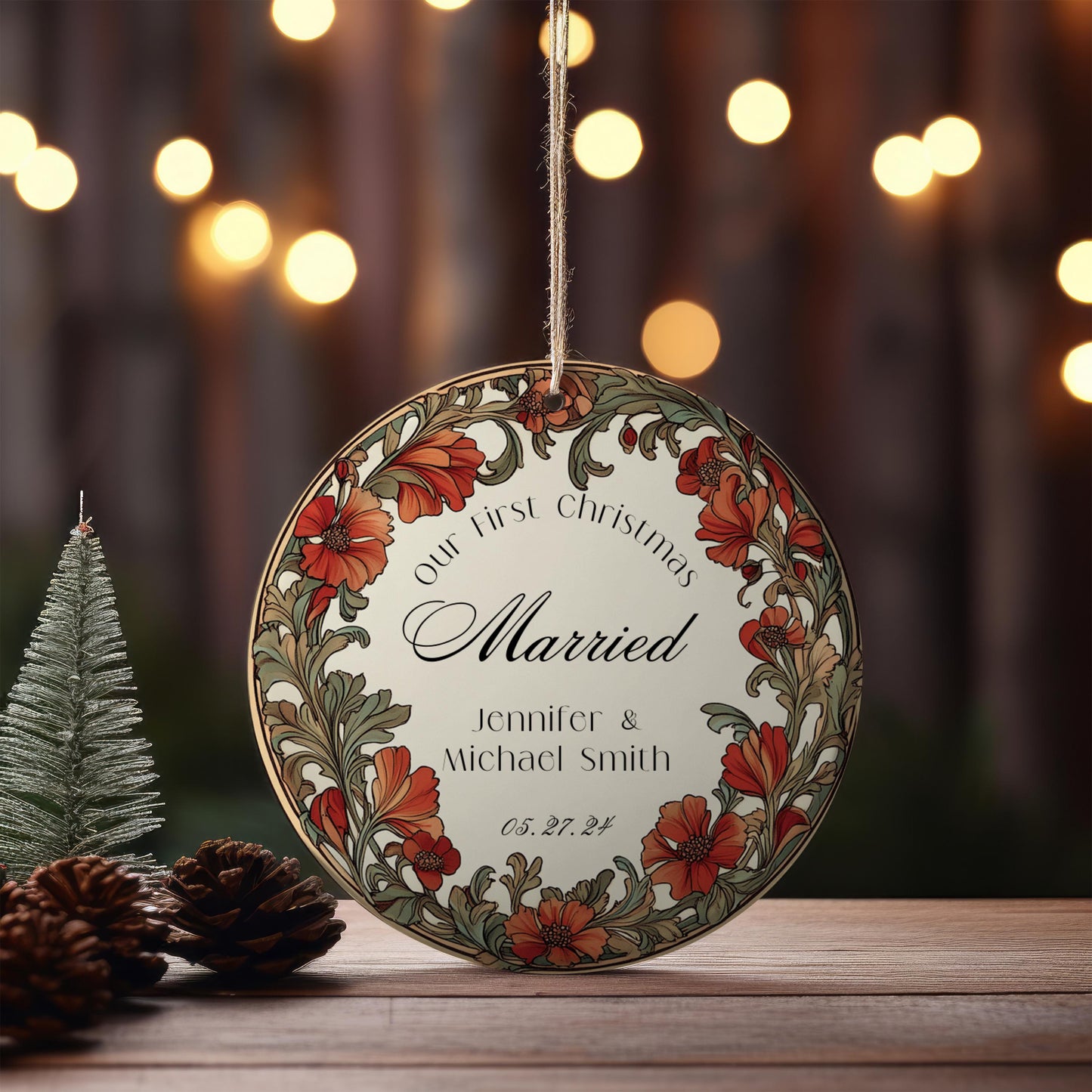 Our First Christmas Married Ornament, Christmas Couple Ornament, Our First Christmas  Engaged Ornament, Wedding Ornament, Floral Wreath