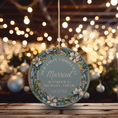 Our First Christmas Married Ornament, Christmas Couple Ornament, Our First Christmas  Engaged Ornament, Wedding Ornament, Blue Wreath