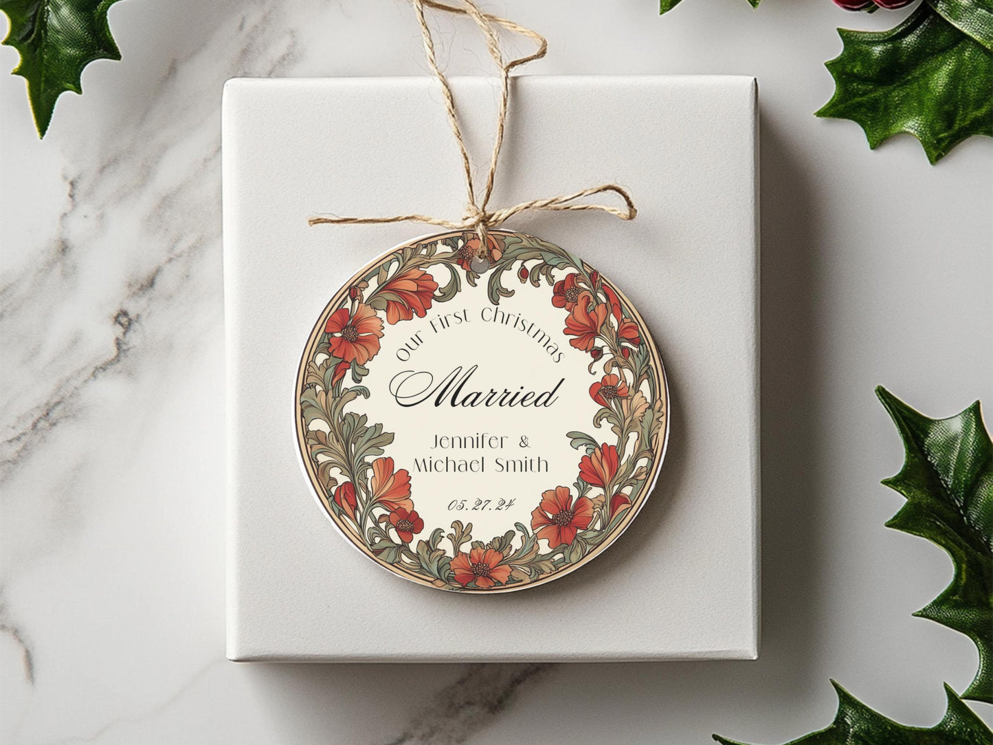 Our First Christmas Married Ornament, Christmas Couple Ornament, Our First Christmas  Engaged Ornament, Wedding Ornament, Floral Wreath