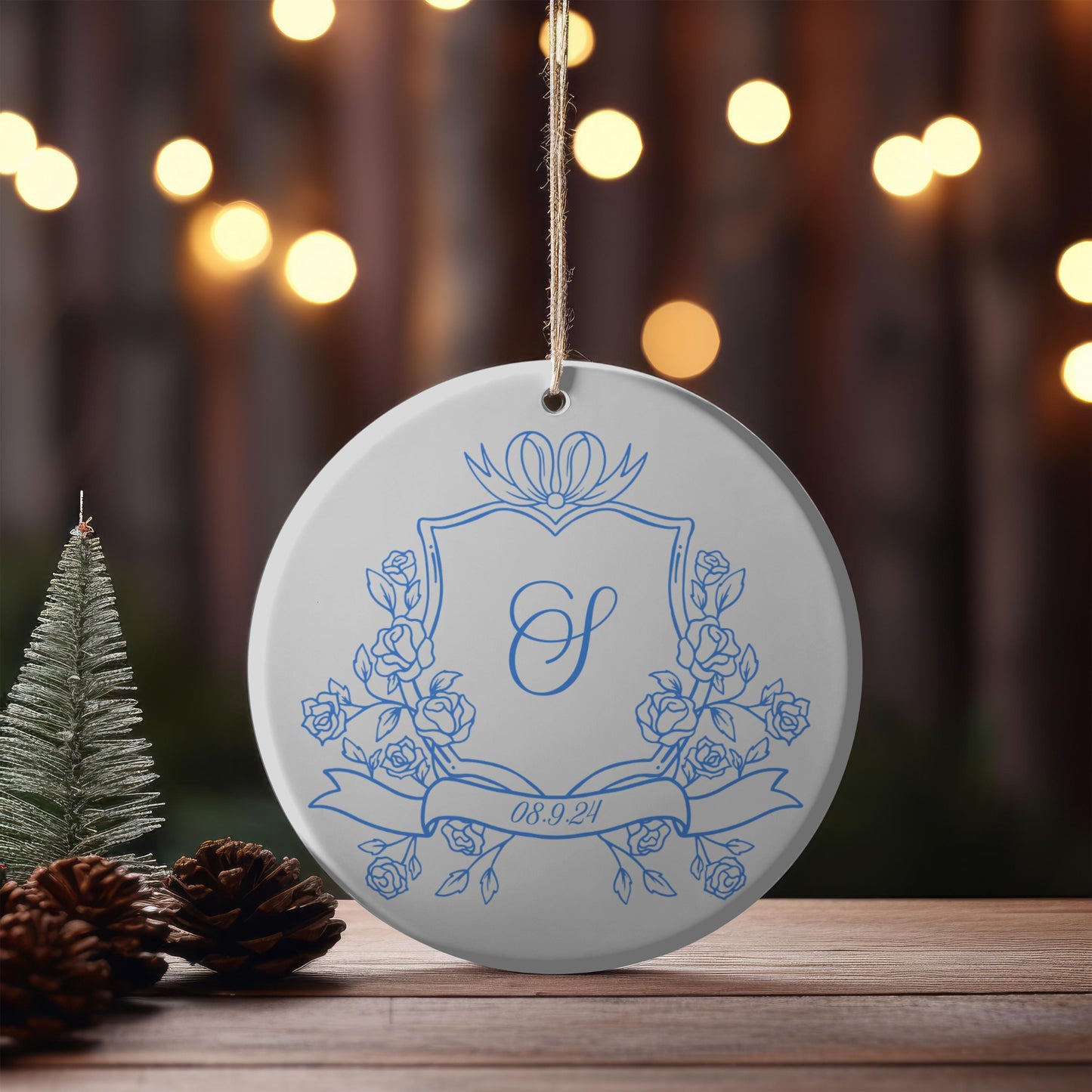 Blue Crest Monogrammed Christmas Couple Ornament