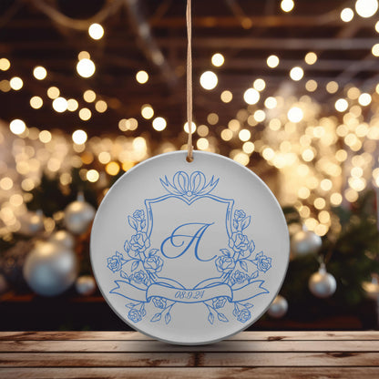 Blue Crest Monogrammed Christmas Couple Ornament