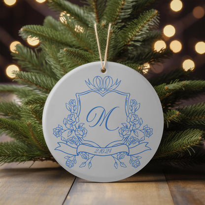 Blue Crest Monogrammed Christmas Couple Ornament