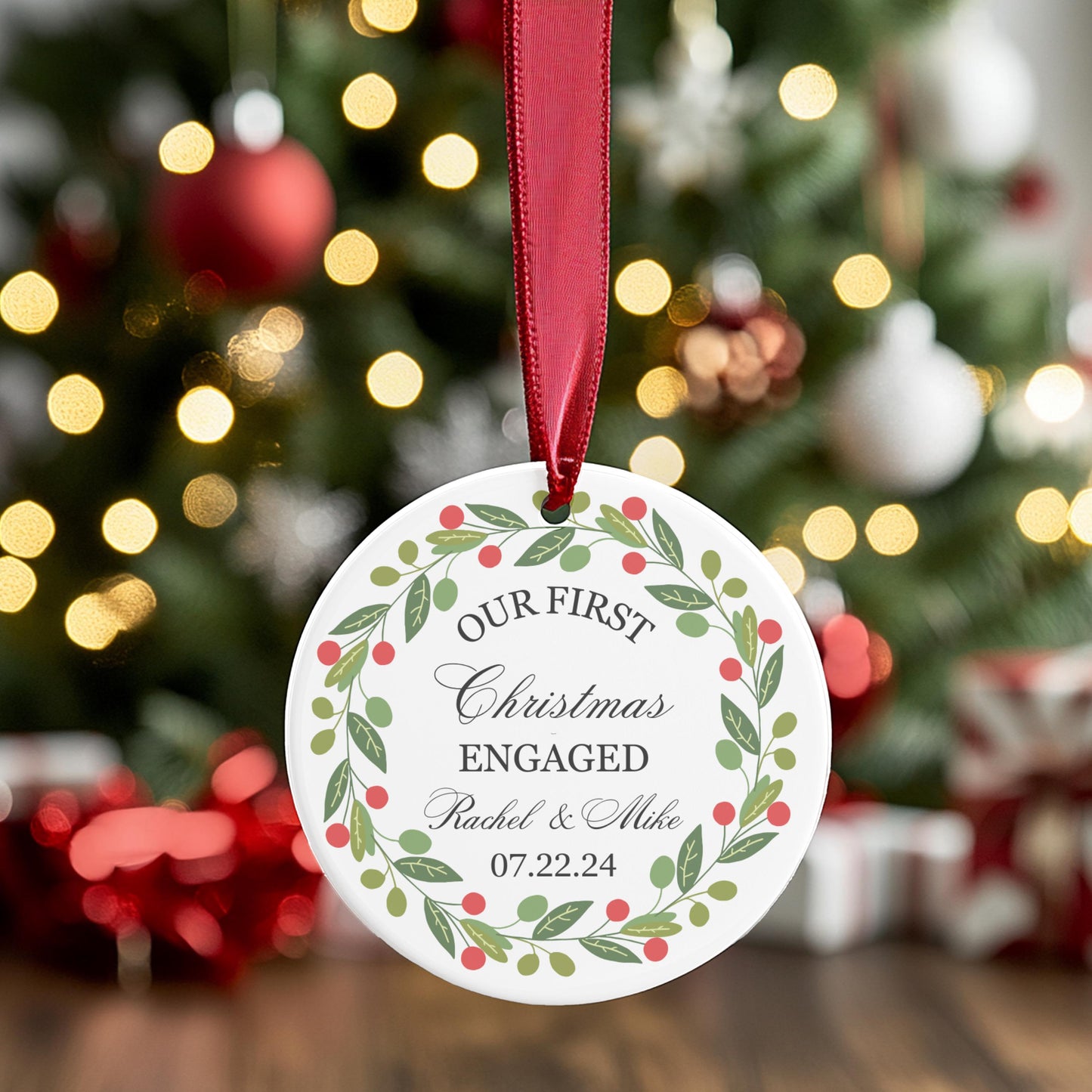 Our First Christmas Engaged, Christmas Couple Ornament, Our First Christmas Married Ornament, Wedding Ornament, Red and Green Wreath