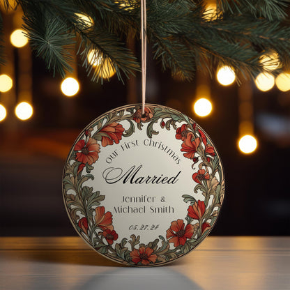 Our First Christmas Married Ornament, Christmas Couple Ornament, Our First Christmas  Engaged Ornament, Wedding Ornament, Floral Wreath