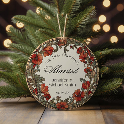 Our First Christmas Married Ornament, Christmas Couple Ornament, Our First Christmas  Engaged Ornament, Wedding Ornament, Floral Wreath