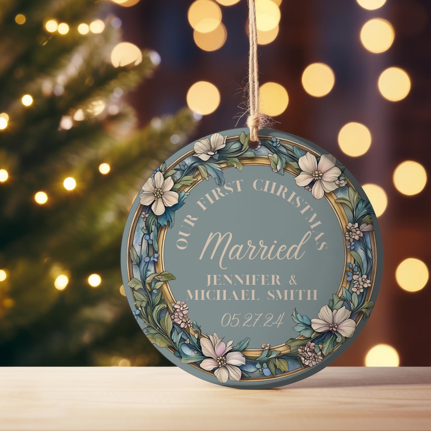 Our First Christmas Married Ornament, Christmas Couple Ornament, Our First Christmas  Engaged Ornament, Wedding Ornament, Blue Wreath