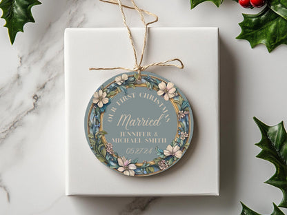 Our First Christmas Married Ornament, Christmas Couple Ornament, Our First Christmas  Engaged Ornament, Wedding Ornament, Blue Wreath