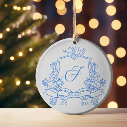 Blue Crest Monogrammed Christmas Couple Ornament