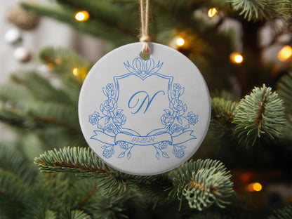 Blue Crest Monogrammed Christmas Couple Ornament