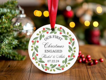 Our First Christmas Engaged, Christmas Couple Ornament, Our First Christmas Married Ornament, Wedding Ornament, Red and Green Wreath