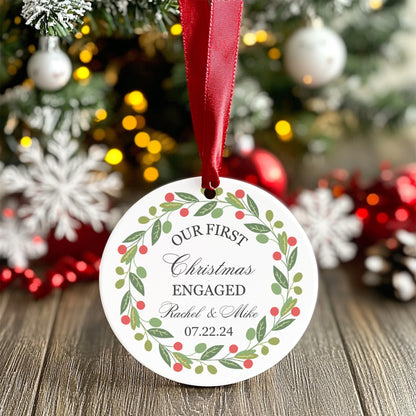 Our First Christmas Engaged, Christmas Couple Ornament, Our First Christmas Married Ornament, Wedding Ornament, Red and Green Wreath